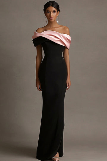 Black and Pink Satin Ruffled Off the Shoulder Sheath Long Evening Dress